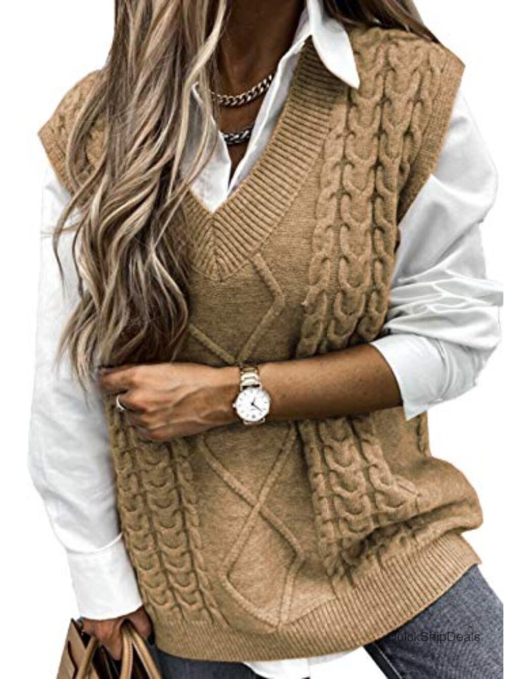 Oversized Cable Knit Sweater Vest V Neck Sleeveless Pullover Layer